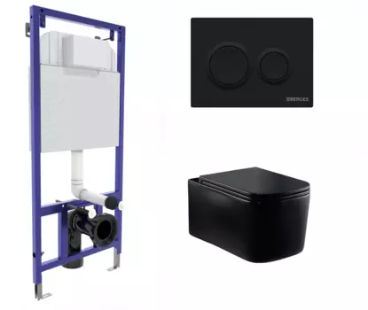 Комплект 3 в 1 инсталляция Berges Novum O5 + Подвесной унитаз Vincea Ultra Rimless VT1-32MB черный с кнопкой черной