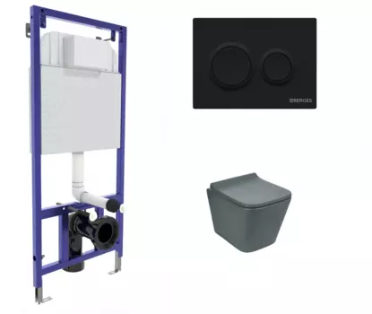 Комплект 3 в 1 инсталляция Berges Novum O5 + Унитаз подвесной Weltwasser WW SK Gelbach 041 MT-GR серый с кнопкой черной