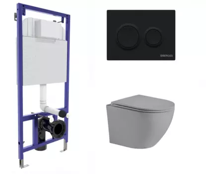 Комплект 3 в 1 инсталляция Berges Novum O5 + Унитаз подвесной Weltwasser WW Merzbach 043 MT-GR серый с кнопкой черной