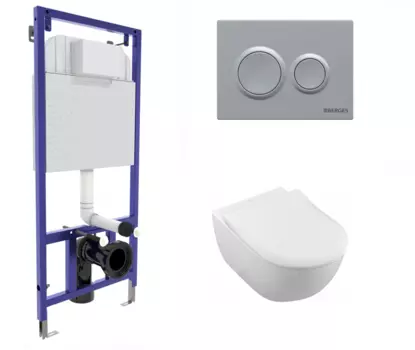 Комплект 3 в 1 инсталляция Berges Novum O2 + Унитаз подвесной Villeroy & Boch Subway 2.0 5614R201 с кнопкой матовой хром
