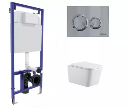 Комплект 3 в 1 инсталляция Berges Novum O3 + Подвесной унитаз SinteSi BALTI с кнопкой глянцевой хром