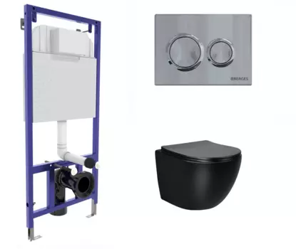 Комплект 3 в 1 инсталляция Berges Novum O3 + Подвесной унитаз Vincea Globo VT1-14SMB черный с кнопкой глянцевой хром