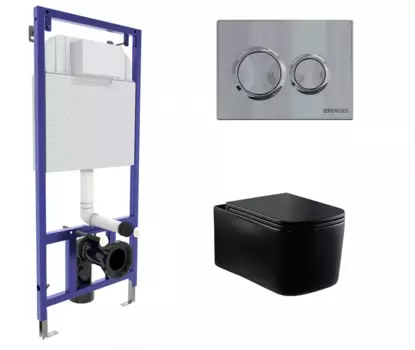 Комплект 3 в 1 инсталляция Berges Novum O3 + Подвесной унитаз Vincea Ultra Rimless VT1-32MB черный с кнопкой глянцевой хром