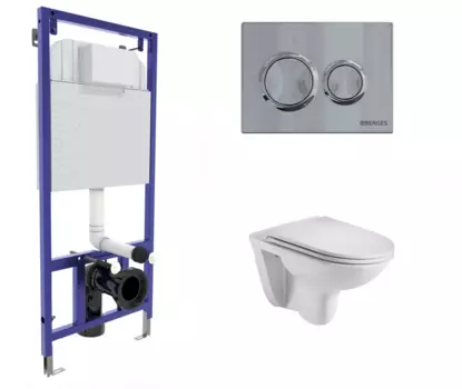 Комплект 3 в 1 инсталляция Berges Novum O3 + Подвесной унитаз WeltWasser Baarbach 004 GL-WT с кнопкой глянцевой хром