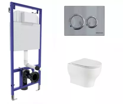 Комплект 3 в 1 инсталляция Berges Novum O3 + Подвесной унитаз WeltWasser Erlenbach 004 GL-WT с кнопкой глянцевой хром