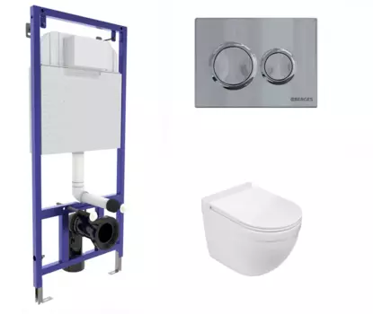 Комплект 3 в 1 инсталляция Berges Novum O3 + Подвесной унитаз WeltWasser Heimbach 043 GL-WT с кнопкой глянцевой хром