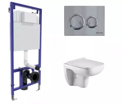 Комплект 3 в 1 инсталляция Berges Novum O3 + Подвесной унитаз WeltWasser Kehlbach 004 GL-WT с кнопкой глянцевой хром