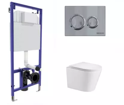 Комплект 3 в 1 инсталляция Berges Novum O3 + Подвесной унитаз WeltWasser Salzbach 043 GL-WT с кнопкой глянцевой хром