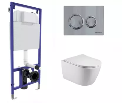 Комплект 3 в 1 инсталляция Berges Novum O3 + Унитаз подвесной Акватек Вега AQ1905-00 с кнопкой глянцевой хром