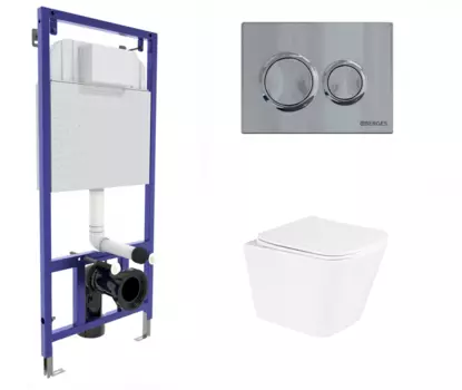 Комплект 3 в 1 инсталляция Berges Novum O3 + Унитаз подвесной BelBagno Due BB3103CHR/SC с кнопкой глянцевой хром