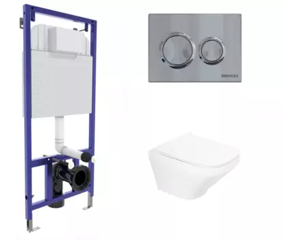 Комплект 3 в 1 инсталляция Berges Novum O3 + Унитаз подвесной BelBagno Sela BB3201CHR с кнопкой глянцевой хром