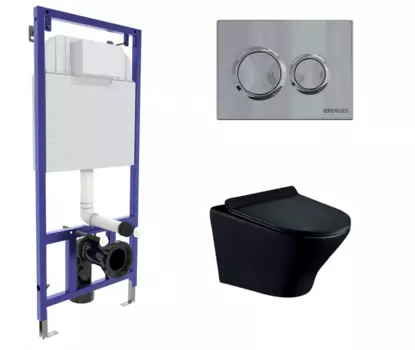 Комплект 3 в 1 инсталляция Berges Novum O3 + Унитаз подвесной Esbano Aster ESUPASTEBM черный с кнопкой глянцевой хром