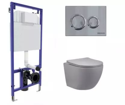 Комплект 3 в 1 инсталляция Berges Novum O3 + Унитаз подвесной Vincea Globo VT1-14SMG серый с кнопкой глянцевой хром
