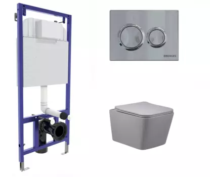 Комплект 3 в 1 инсталляция Berges Novum O3 + Унитаз подвесной Vincea Q-Line VT1-12MG серый с кнопкой глянцевой хром