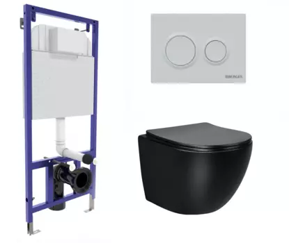Комплект 3 в 1 инсталляция Berges Novum O4 + Унитаз Vincea Globo VT1-14SMB подвесной черный с кнопкой белой