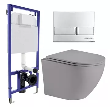 Комплект 3 в 1 инсталляция Berges Wasserhaus Novum L3 + Унитаз подвесной Weltwasser WW Merzbach 043 MT-GR + кнопка хром