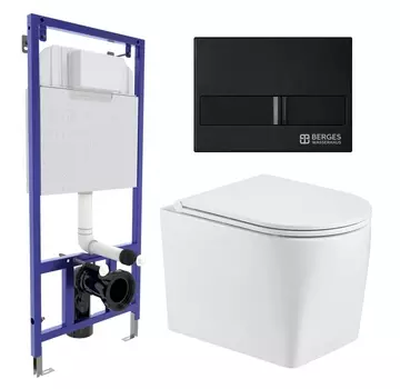 Комплект 3 в 1 инсталляция Berges Wasserhaus Novum L5 + Унитаз подвесной WeltWasser Nesenbach 004 GL-WT + кнопка черная