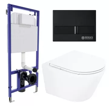 Комплект 3 в 1 инсталляция Berges Wasserhaus Novum L5 + Унитаз подвесной BelBagno Tre BB8001CHR/SC + кнопка черная