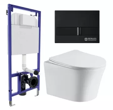 Комплект 3 в 1 инсталляция Berges Wasserhaus Novum L5 + Подвесной унитаз CeruttiSpa Adige Aria CT7837 + кнопка черная