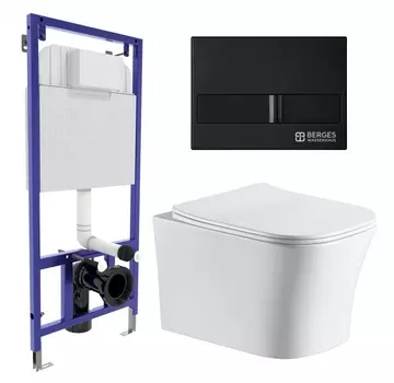 Комплект 3 в 1 инсталляция Berges Wasserhaus Novum L5 + Подвесной унитаз CeruttiSpa Marmolada aria CT7778 + кнопка черная
