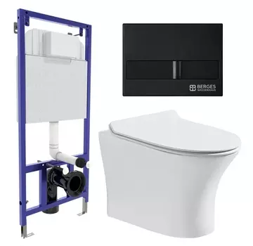 Комплект 3 в 1 инсталляция Berges Wasserhaus Novum L5 + Подвесной безободковый унитаз CeruttiSpa Bernina aria CT7191 + кнопка черная
