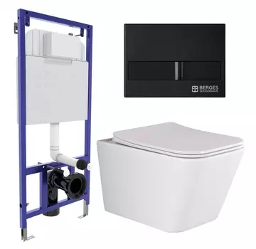 Комплект 3 в 1 инсталляция Berges Wasserhaus Novum L5 + Унитаз подвесной Ceramica Nova Metric Rimless CN3007 + кнопка черная