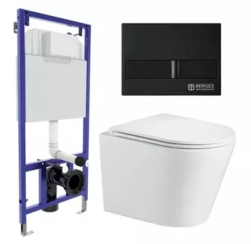 Комплект 3 в 1 инсталляция Berges Wasserhaus Novum L5 + Подвесной унитаз WeltWasser Salzbach 043 GL-WT + кнопка черная