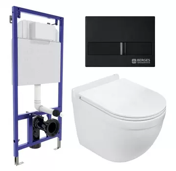 Комплект 3 в 1 инсталляция Berges Wasserhaus Novum L5 + Подвесной унитаз WeltWasser Heimbach 043 GL-WT + кнопка черная