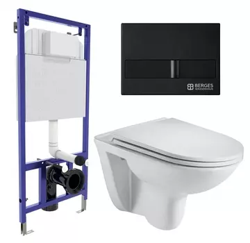 Комплект 3 в 1 инсталляция Berges Wasserhaus Novum L5 + Подвесной унитаз WeltWasser Baarbach 004 GL-WT + кнопка черная