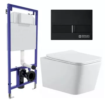 Комплект 3 в 1 инсталляция Berges Wasserhaus Novum L5 + Подвесной унитаз SinteSi BALTI + кнопка черная