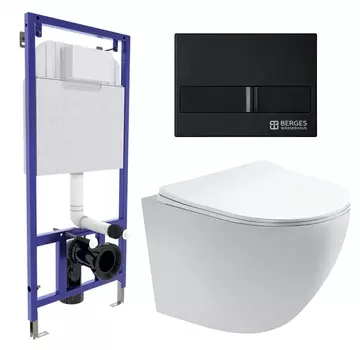 Комплект 3 в 1 инсталляция Berges Wasserhaus Novum L5 + Унитаз подвесной Акватек Европа AQ1900-00 + кнопка черная