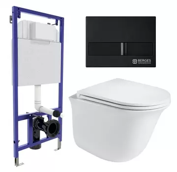 Комплект 3 в 1 инсталляция Berges Wasserhaus Novum L5 + Подвесной унитаз WeltWasser Telbach 004 GL-WT + кнопка черная