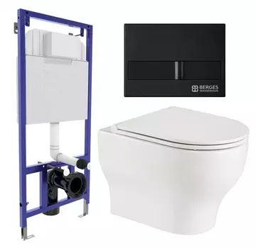 Комплект 3 в 1 инсталляция Berges Wasserhaus Novum L5 + Подвесной унитаз WeltWasser Erlenbach 004 GL-WT + кнопка черная