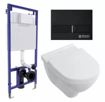 Комплект 3 в 1 инсталляция Berges Wasserhaus Novum L5 + Унитаз подвесной Villeroy & Boch O Novo Directflush + кнопка черная