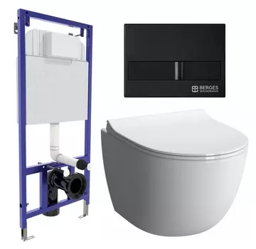 Комплект 3 в 1 инсталляция Berges Wasserhaus Novum L5 + Унитаз подвесной VitrA Sento 7748В003-0075 + кнопка черная