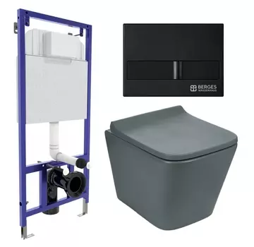 Комплект 3 в 1 инсталляция Berges Wasserhaus Novum L5 + Унитаз подвесной Weltwasser WW SK Gelbach 041 MT-GR + кнопка черная