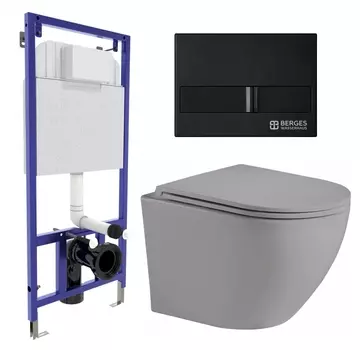 Комплект 3 в 1 инсталляция Berges Wasserhaus Novum L5 + Унитаз подвесной Weltwasser WW Merzbach 043 MT-GR + кнопка черная