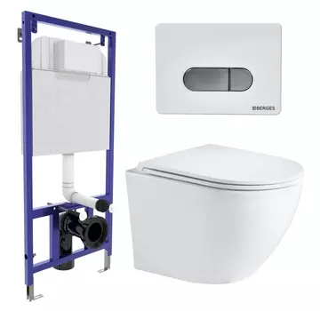 Комплект 3 в 1 инсталляция Berges Wasserhaus Novum D7 + Подвесной унитаз WeltWasser Merzbach 043 GL-WT + кнопка хром