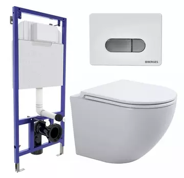 Комплект 3 в 1 инсталляция Berges Wasserhaus Novum D7 + Подвесной унитаз SinteSi EVI + кнопка хром