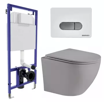 Комплект 3 в 1 инсталляция Berges Wasserhaus Novum D7 + Унитаз подвесной Weltwasser WW Merzbach 043 MT-GR + кнопка хром
