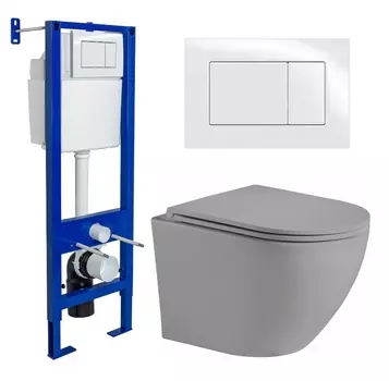 Комплект 3 в 1 инсталляция Berges Wasserhaus Atom 410 + Унитаз подвесной Weltwasser WW Merzbach 043 MT-GR + кнопка белая