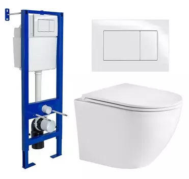 Комплект 3 в 1 инсталляция Berges Wasserhaus Atom 410 + Подвесной унитаз WeltWasser Merzbach 043 GL-WT + кнопка белая