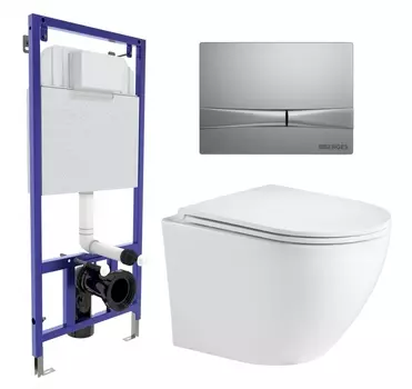 Комплект 3 в 1 инсталляция Berges Wasserhaus Novum 040252 + Подвесной унитаз WeltWasser Merzbach 043 GL-WT + кнопка хром матовая