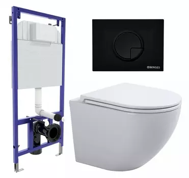 Комплект 3 в 1 инсталляция Berges Wasserhaus Novum 040225 + Подвесной унитаз SinteSi EVI + кнопка черная