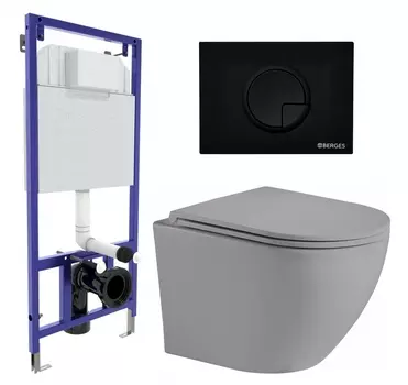 Комплект 3 в 1 инсталляция Berges Wasserhaus Novum 040225 + Унитаз подвесной Weltwasser WW Merzbach 043 MT-GR + кнопка черная