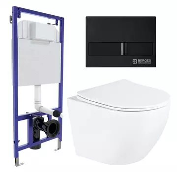 Комплект 3 в 1 инсталляция Berges Wasserhaus Novum L5 + Унитаз подвесной BelBagno Uno BB3105CHR/SC + кнопка черная