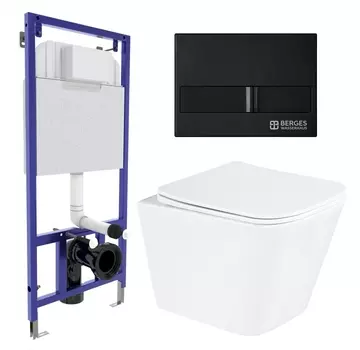 Комплект 3 в 1 инсталляция Berges Wasserhaus Novum L5 + Унитаз подвесной BelBagno Due BB3103CHR/SC + кнопка черная