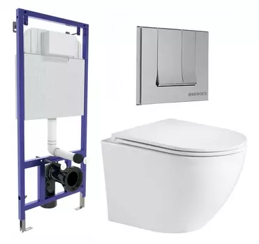 Комплект 3 в 1 инсталляция Berges Wasserhaus Novum 040243 + Подвесной унитаз WeltWasser Merzbach 043 GL-WT + кнопка хром