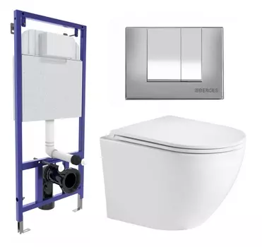 Комплект 3 в 1 инсталляция Berges Wasserhaus Novum 040242 + Подвесной унитаз WeltWasser Merzbach 043 GL-WT + кнопка хром матовая