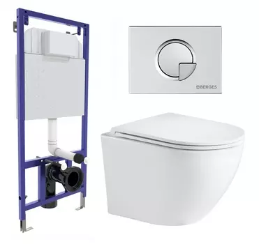 Комплект 3 в 1 инсталляция Berges Wasserhaus Novum 040222 + Подвесной унитаз WeltWasser Merzbach 043 GL-WT + кнопка хром матовая